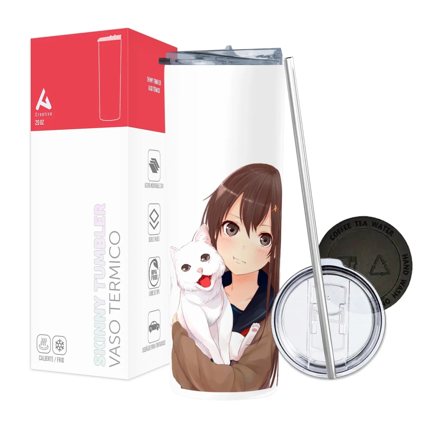 Termo Skinny Tumbler 20 oz de acero inoxidable - Chica anime con gatito