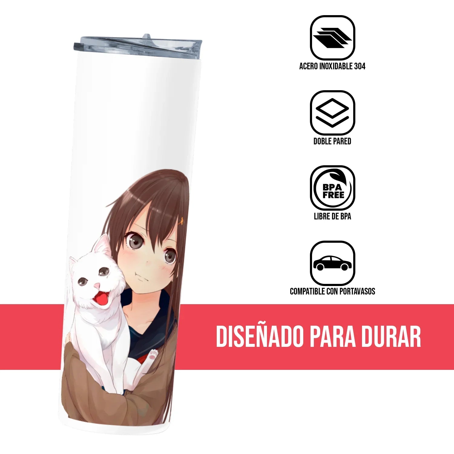 Termo Skinny Tumbler 20 oz de acero inoxidable - Chica anime con gatito