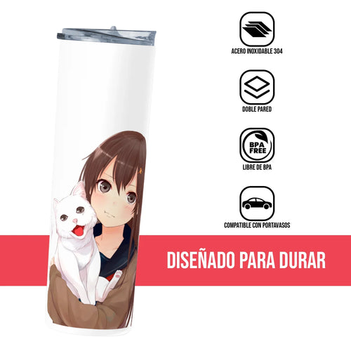 Termo Skinny Tumbler 20 oz de acero inoxidable - Chica anime con gatito