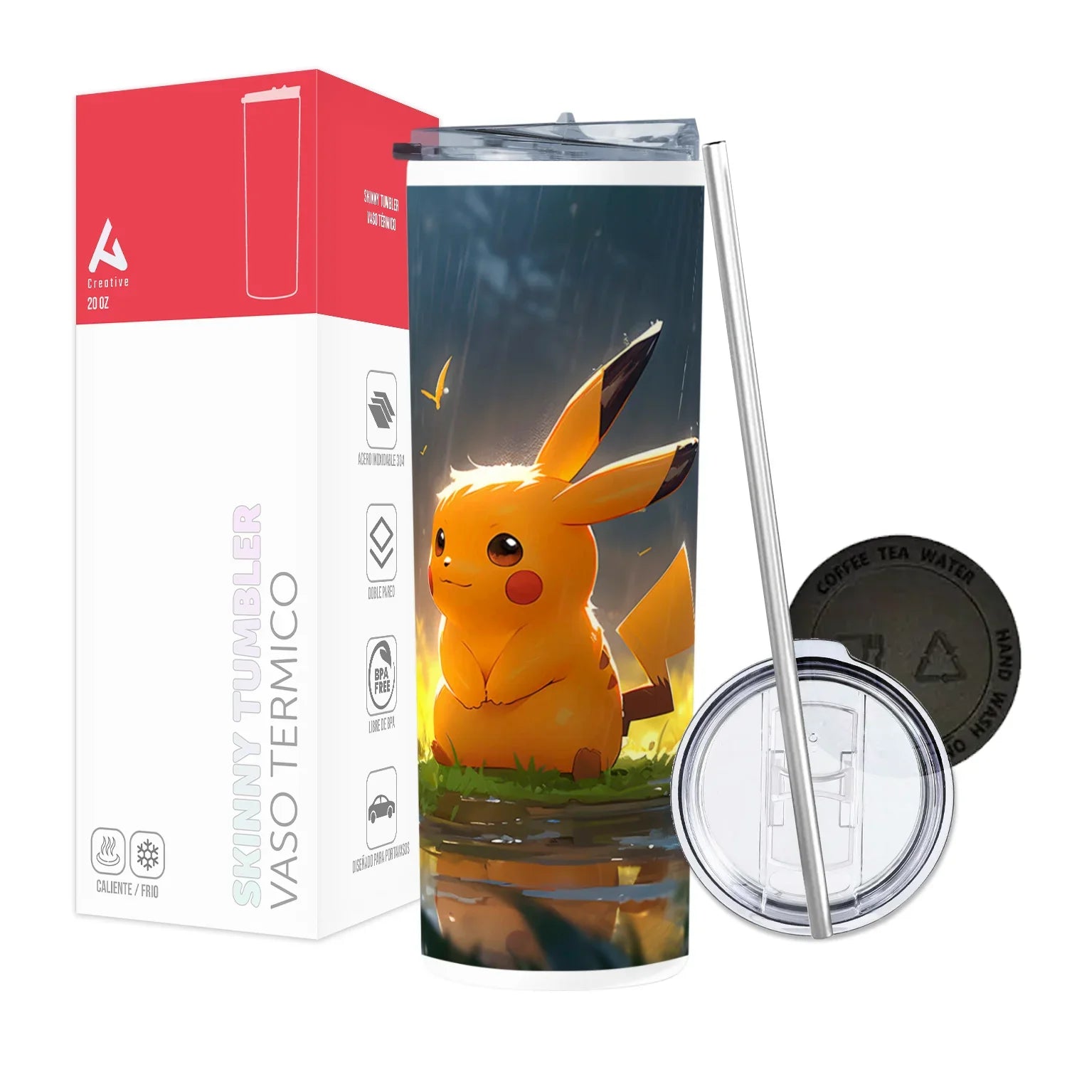 Termo Skinny Tumbler 20 oz de acero inoxidable - Pikachu bajo la lluvia