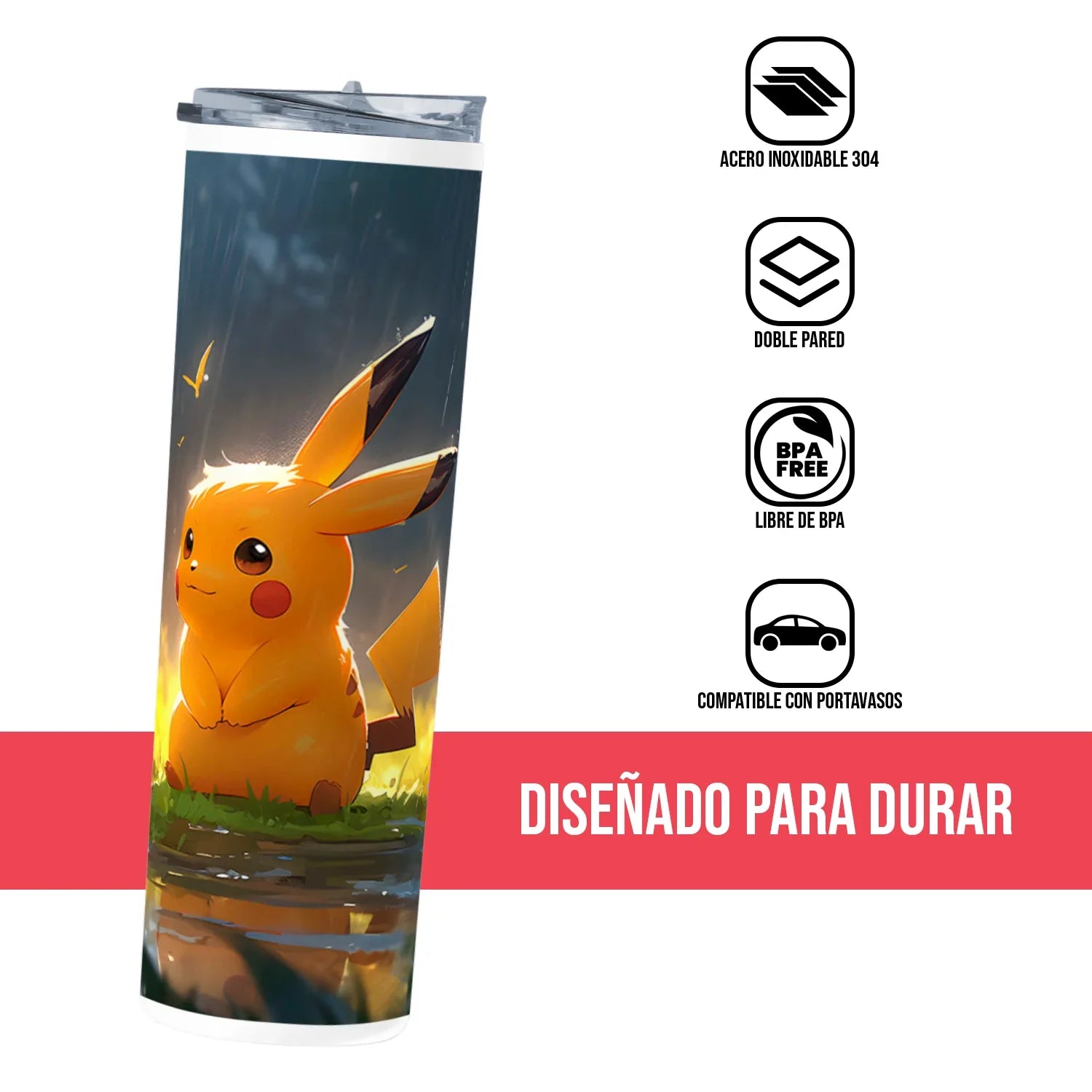 Termo Skinny Tumbler 20 oz de acero inoxidable - Pikachu bajo la lluvia