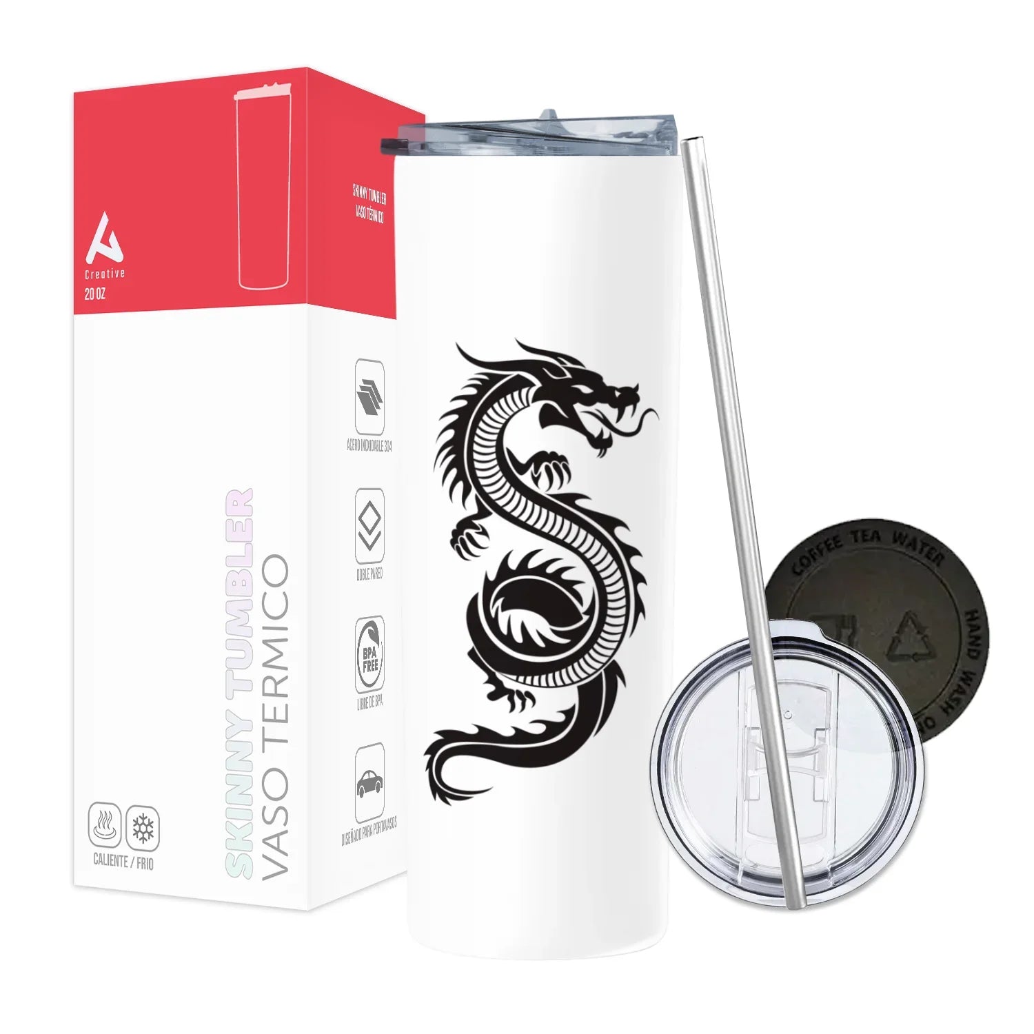 Termo Skinny Tumbler 20 oz de acero inoxidable - Dragon Tatto Style