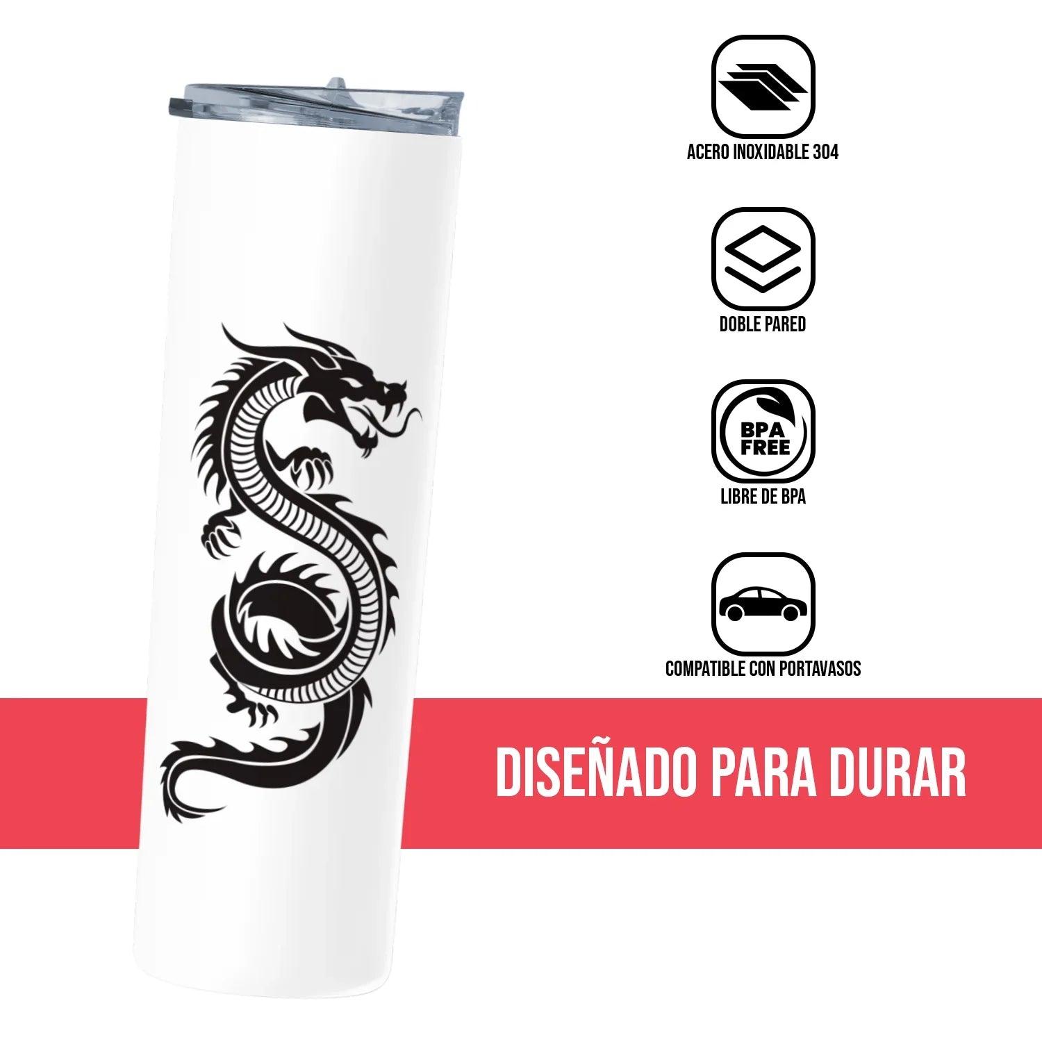 Termo Skinny Tumbler 20 oz de acero inoxidable - Dragon Tatto Style