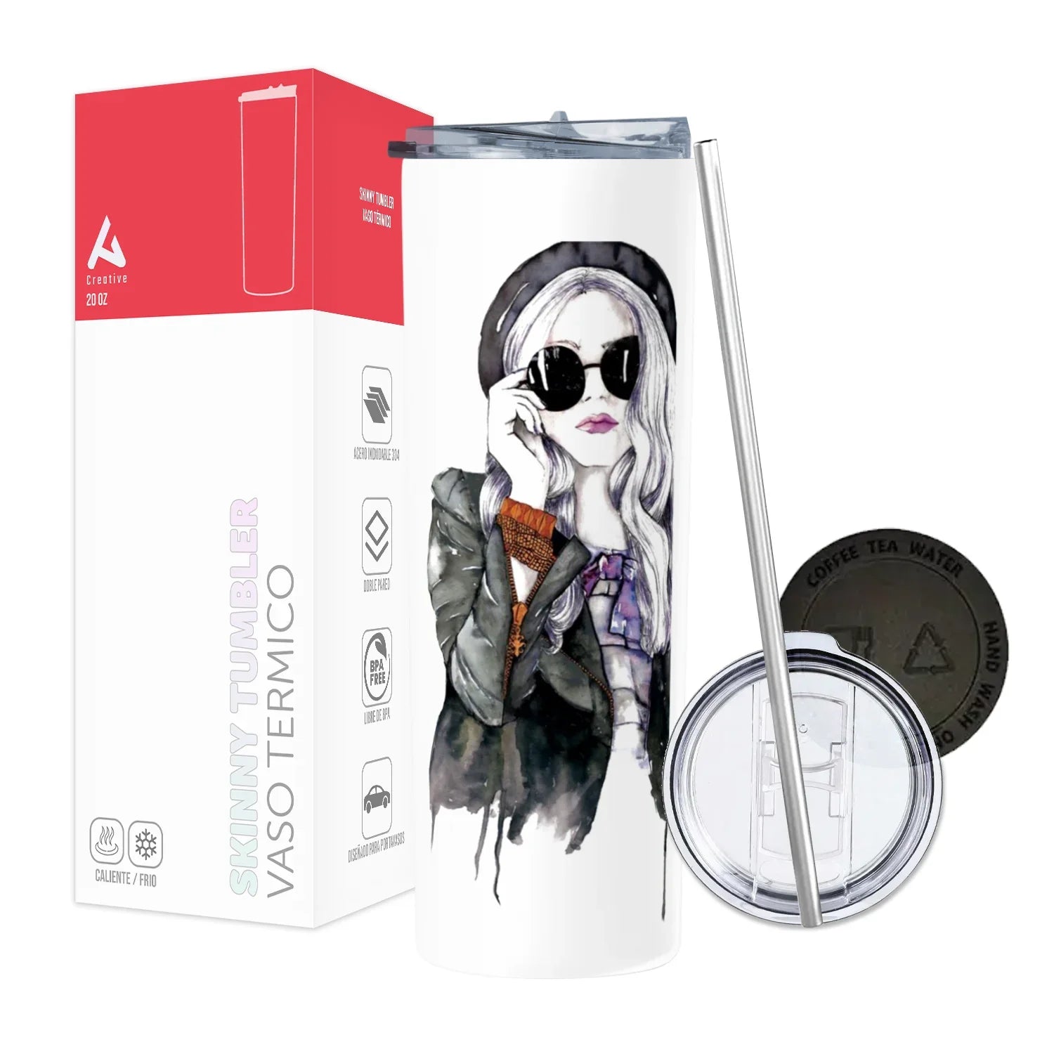 Termo Skinny Tumbler 20 oz de acero inoxidable - Chica con lentes oscuros