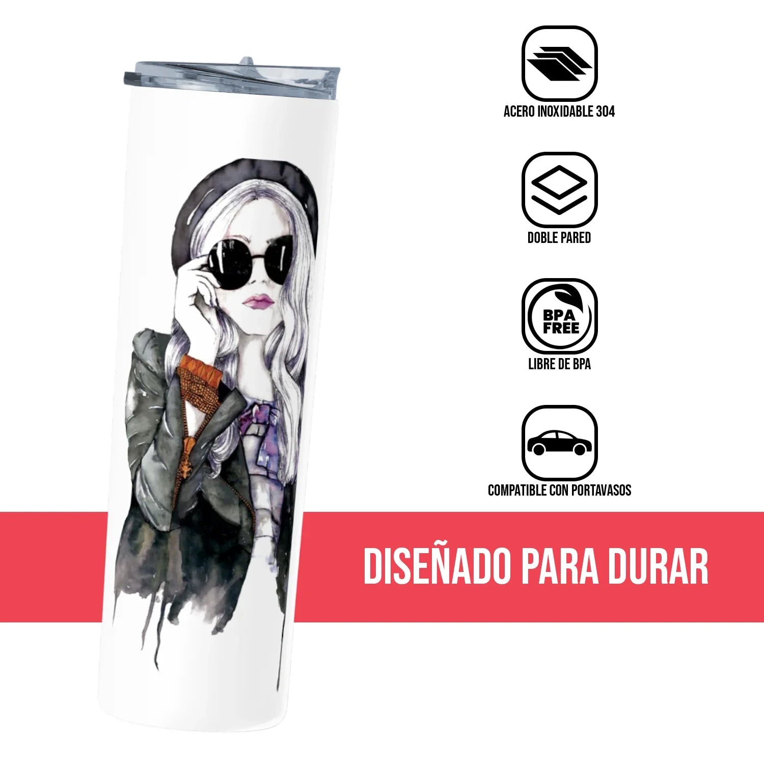 Termo Skinny Tumbler 20 oz de acero inoxidable - Chica con lentes oscuros