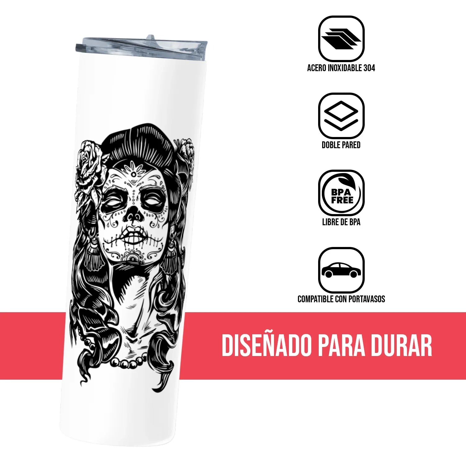 Termo Skinny Tumbler 20 oz de acero inoxidable - Chica calavera