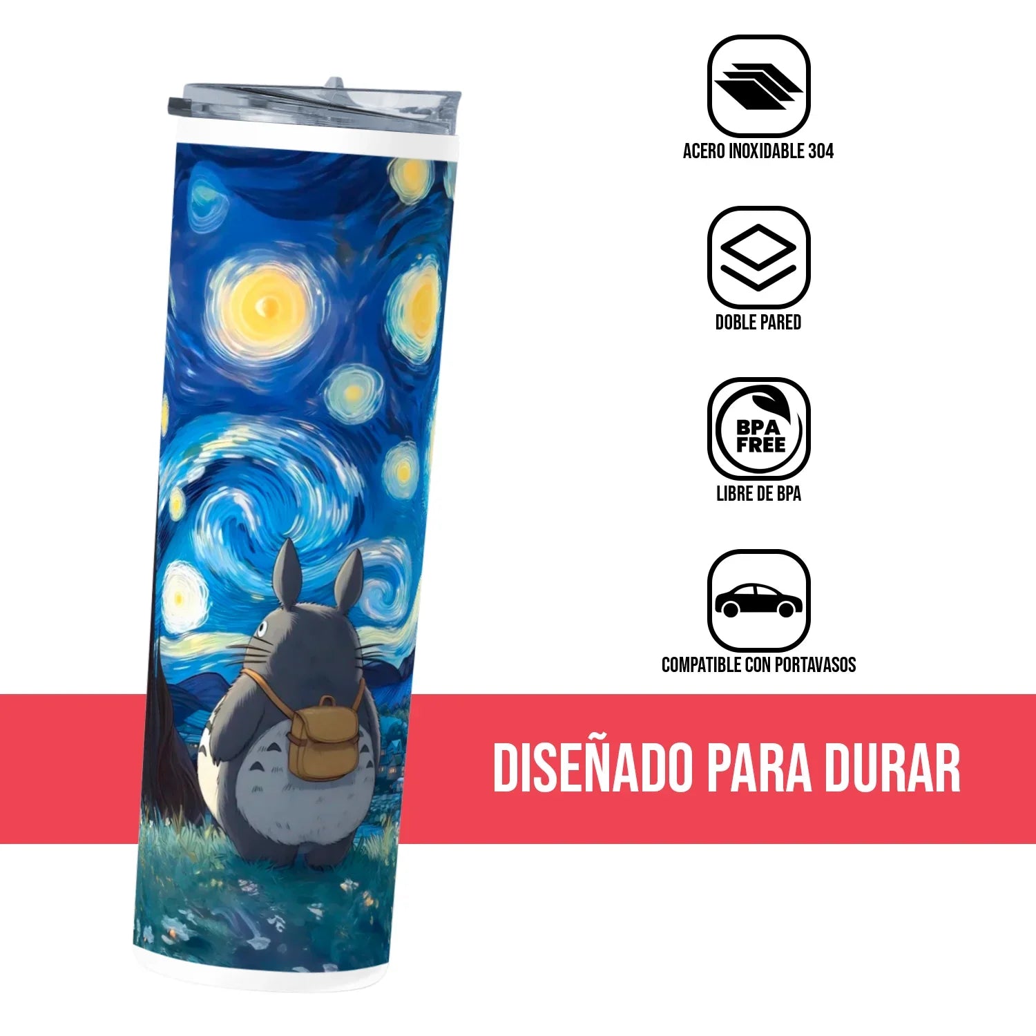 Termo Skinny Tumbler 20 oz de acero inoxidable - Totoro Van Gogh
