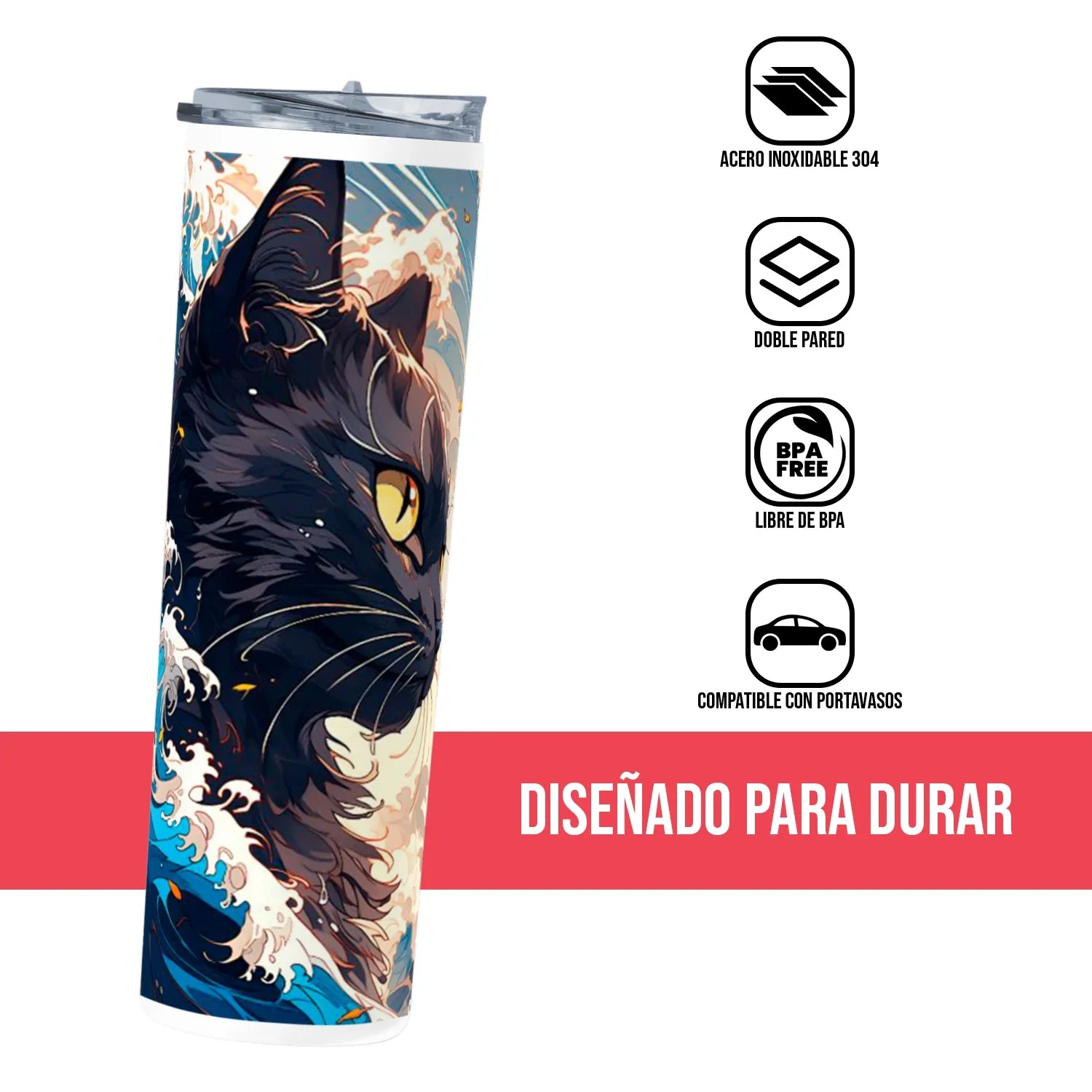 Termo Skinny Tumbler 20 oz de acero inoxidable - Gato Arte Japonés