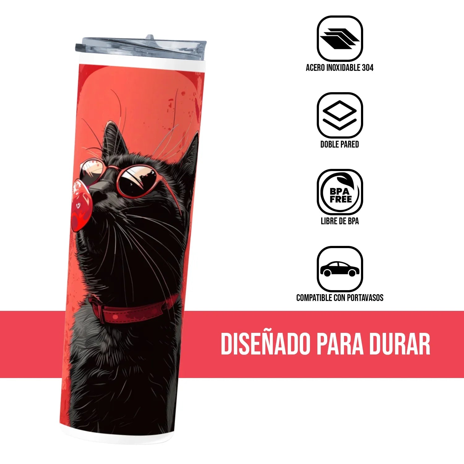 Termo Skinny Tumbler 20 oz de acero inoxidable - Gato Mascando Chicle
