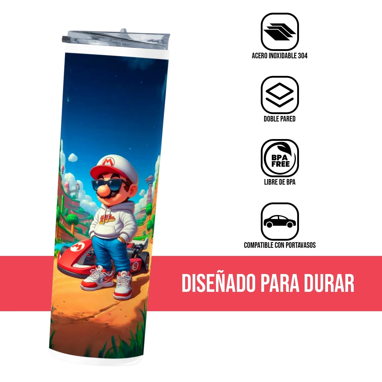 Termo Skinny Tumbler 20 oz de acero inoxidable - Mario Bras Karting
