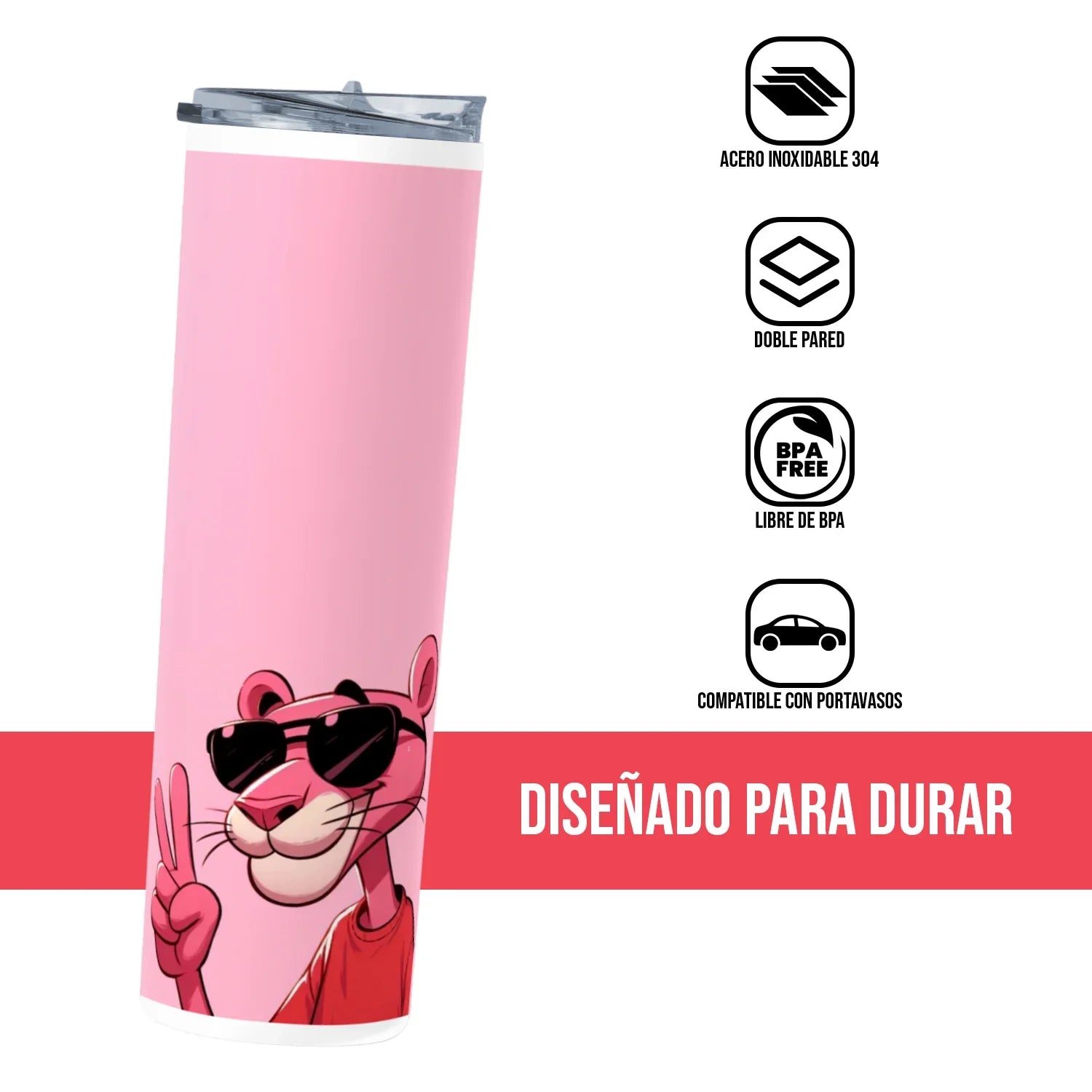 Termo Skinny Tumbler 20 oz de acero inoxidable - Pantera Rosa