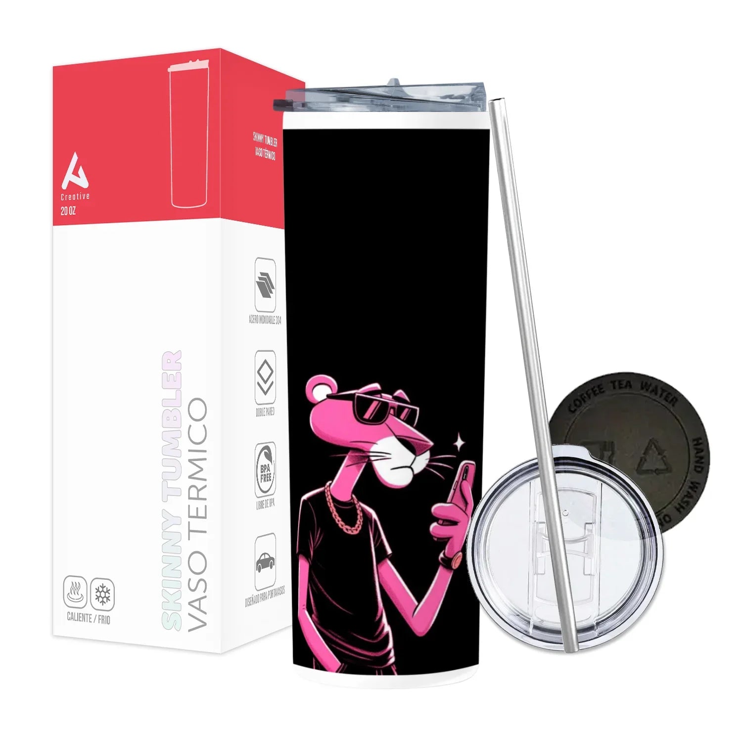 Termo Skinny Tumbler 20 oz de acero inoxidable - Pantera Rosa Fondo Negro
