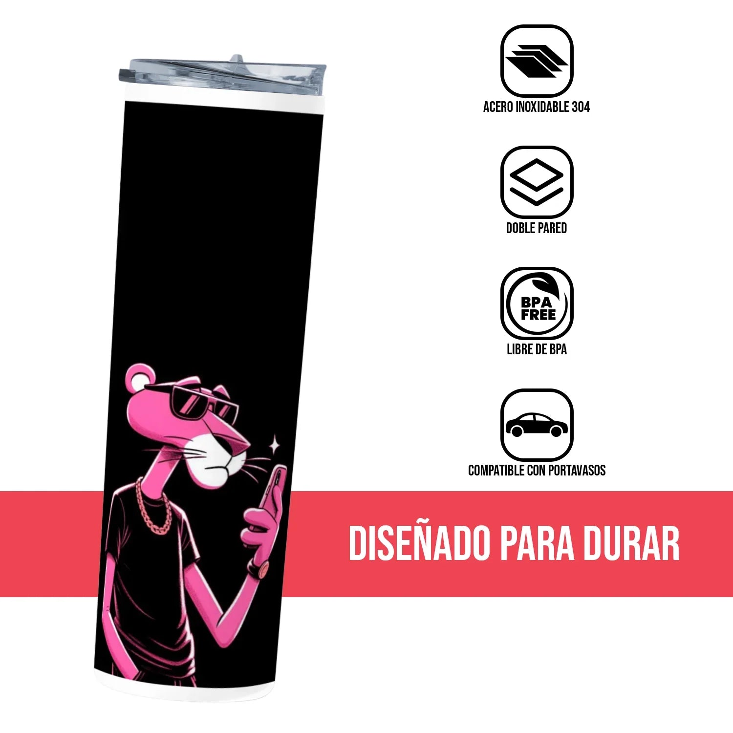 Termo Skinny Tumbler 20 oz de acero inoxidable - Pantera Rosa Fondo Negro