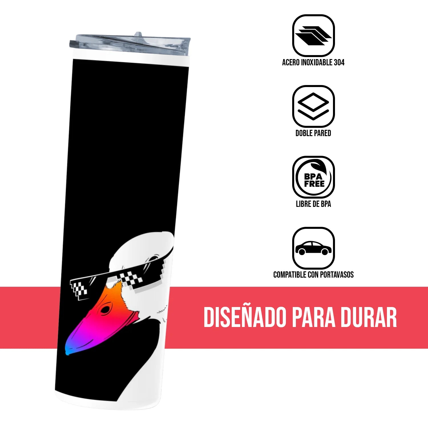 Termo Skinny Tumbler 20 oz de acero inoxidable - Pato con lentes oscuros