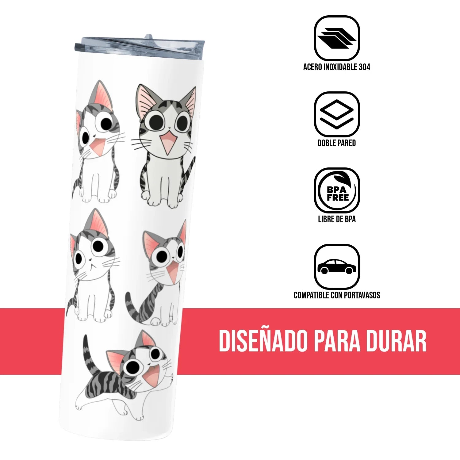 Termo Skinny Tumbler 20 oz de acero inoxidable - Gatitos