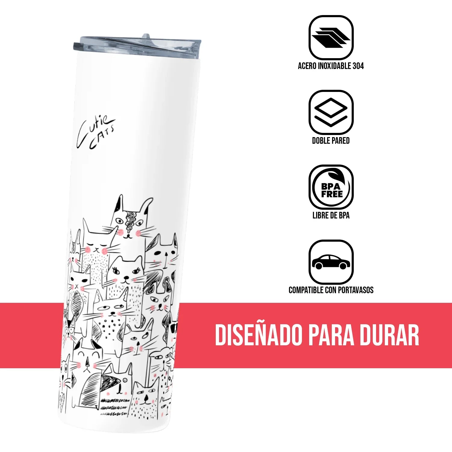 Termo Skinny Tumbler 20 oz de acero inoxidable - Gatitos Cute