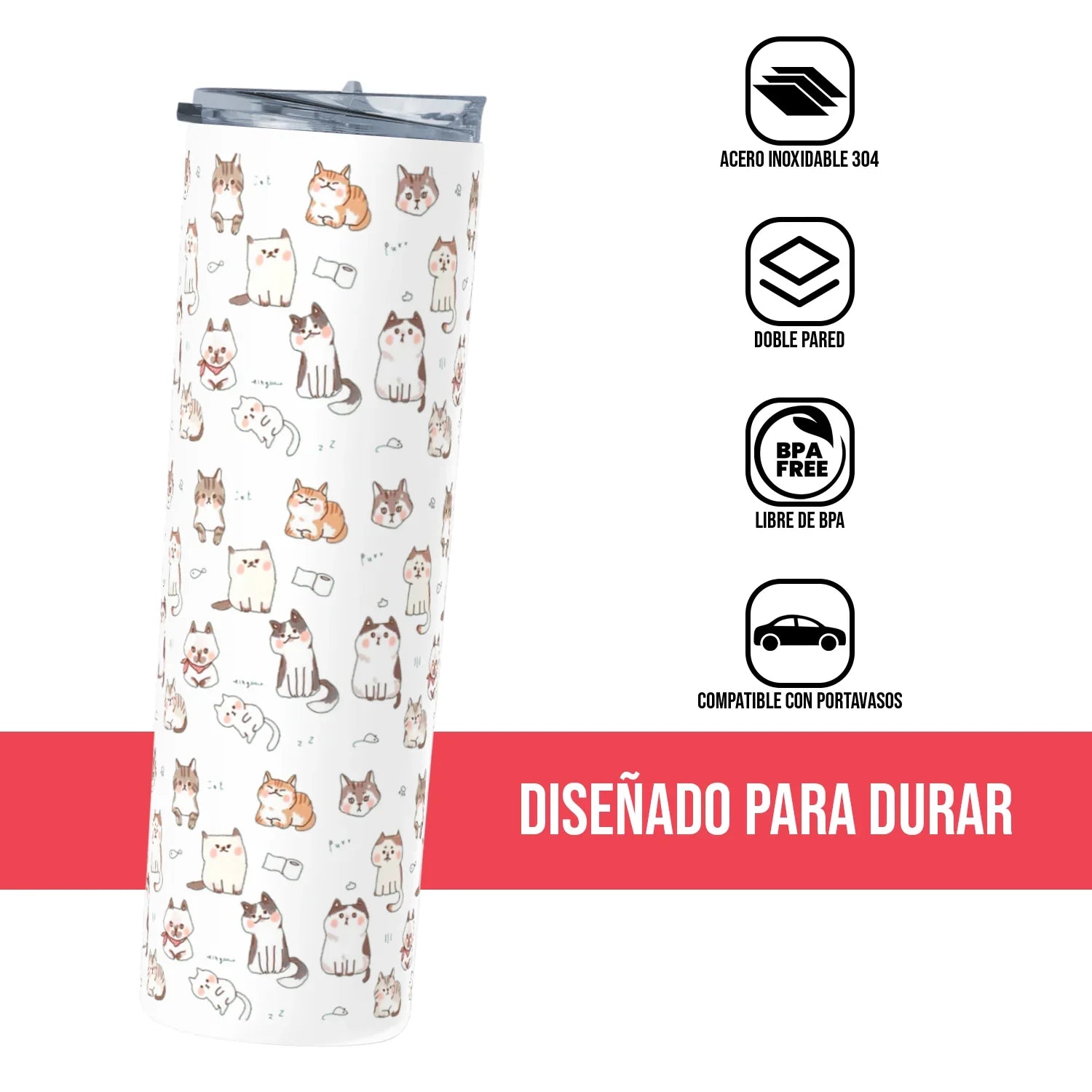 Termo Skinny Tumbler 20 oz de acero inoxidable - Gatitos Collage