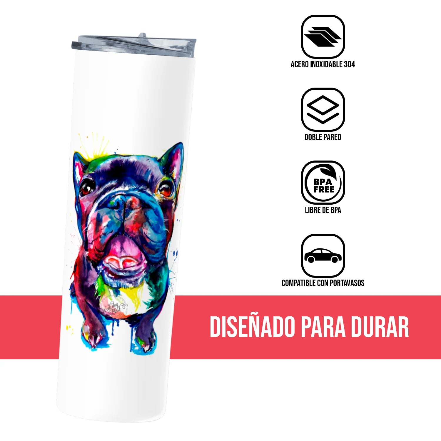 Termo Skinny Tumbler 20 oz de acero inoxidable - French Bull Dog