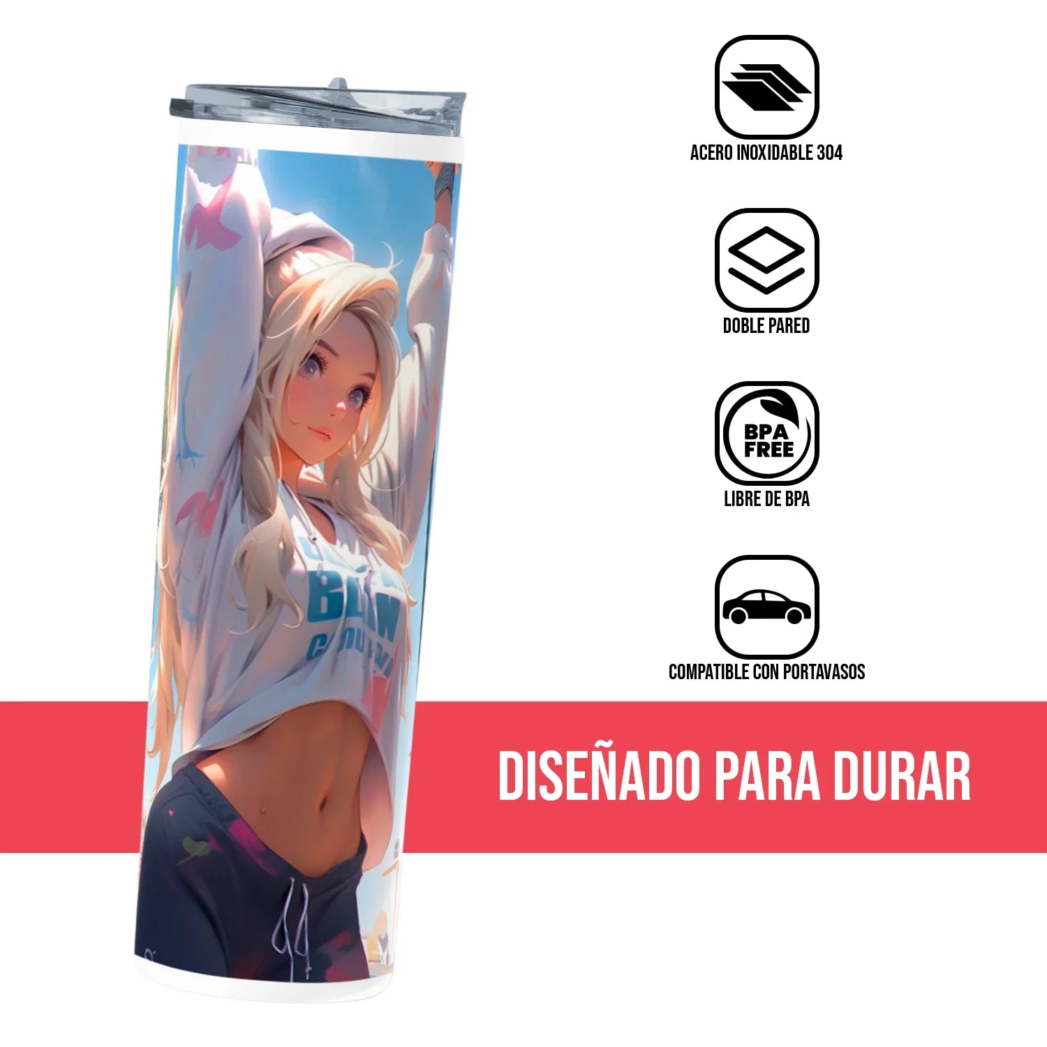 Termo Skinny Tumbler 20 oz de acero inoxidable - Chica Anime 01