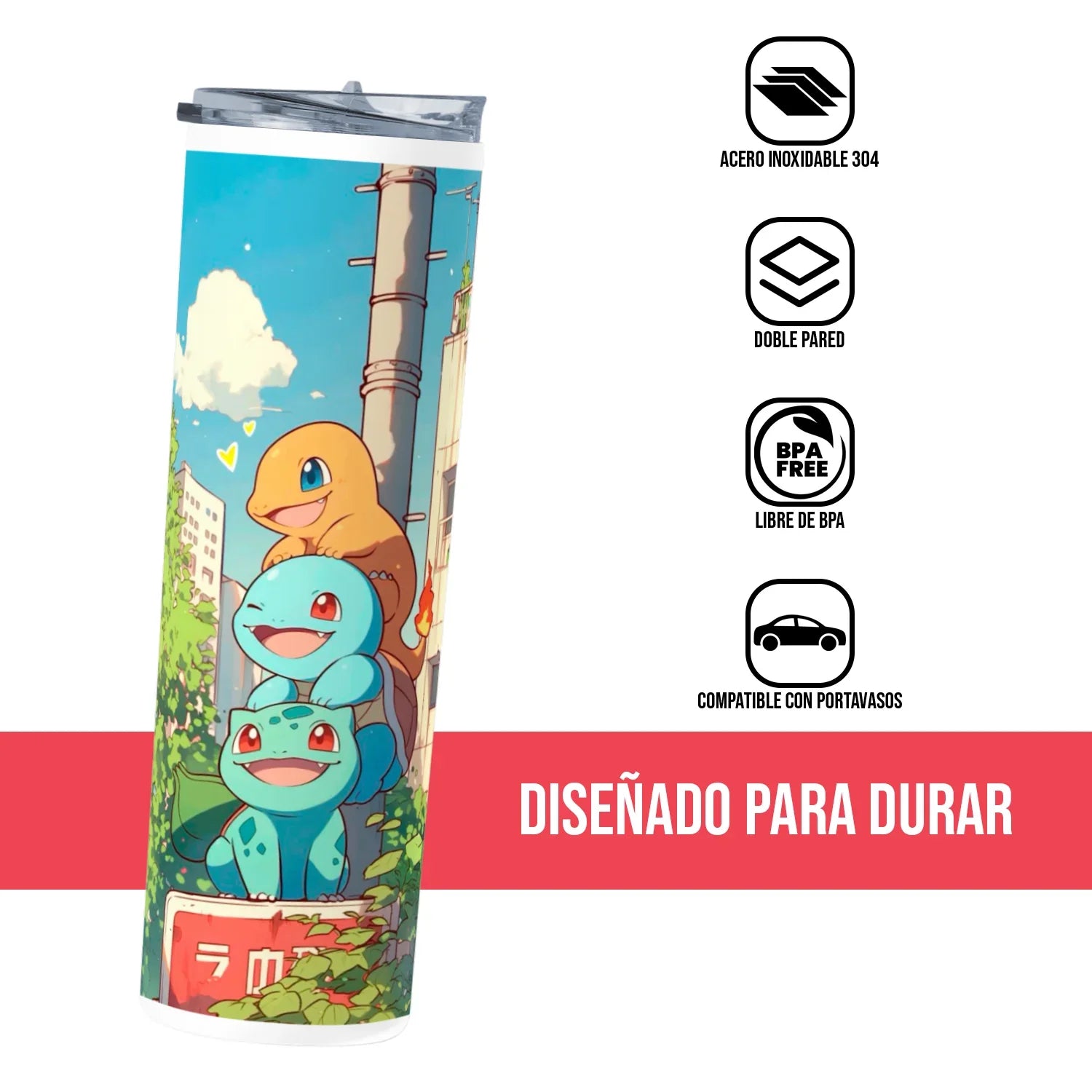 Termo Skinny Tumbler 20 oz de acero inoxidable - Pokemon en la calle
