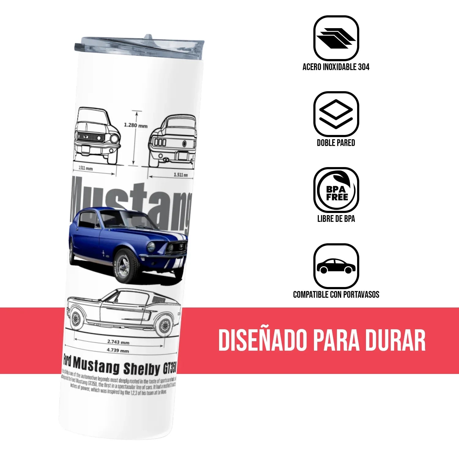 Termo Skinny Tumbler 20 oz de acero inoxidable - Mustang Technical