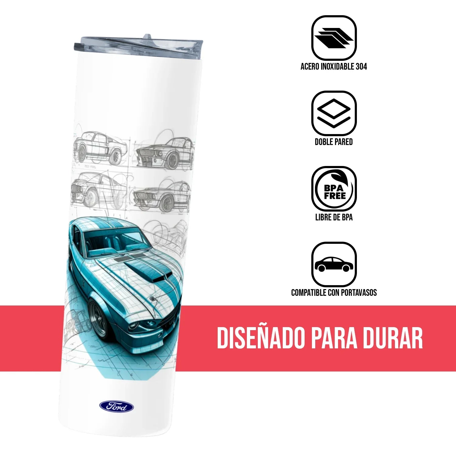 Termo Skinny Tumbler 20 oz de acero inoxidable - Mustang Concept Lines