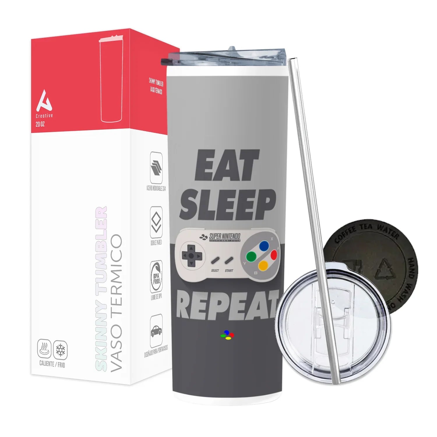 Termo Skinny Tumbler 20 oz de acero inoxidable - Eat Sleep Game Reapeat