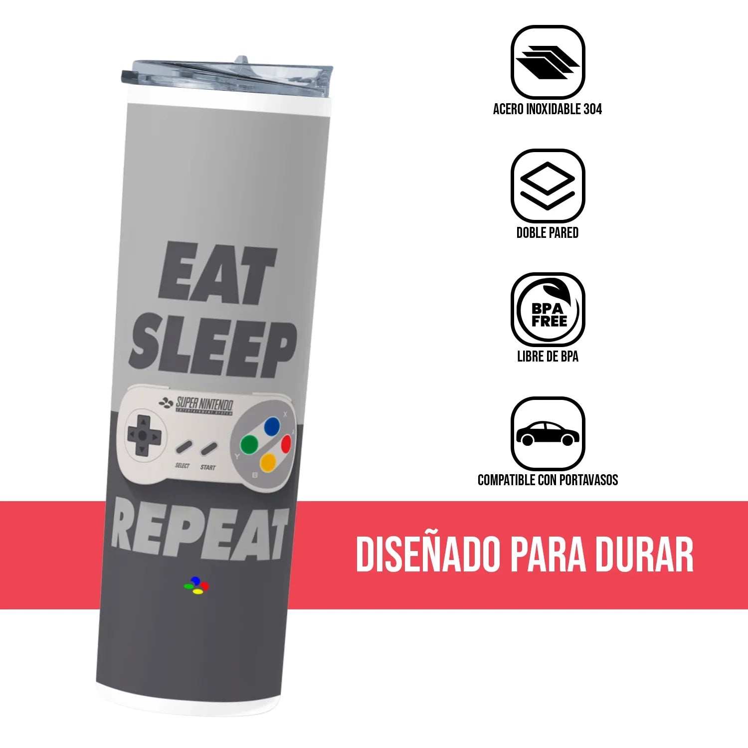 Termo Skinny Tumbler 20 oz de acero inoxidable - Eat Sleep Game Reapeat