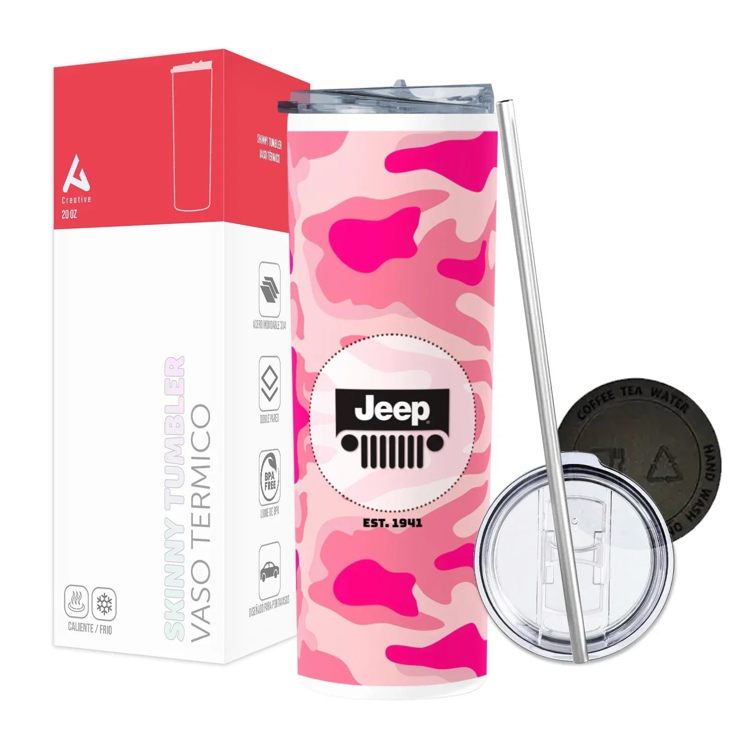 Termo Skinny Tumbler 20 oz de acero inoxidable - Jeep Pink Pattern