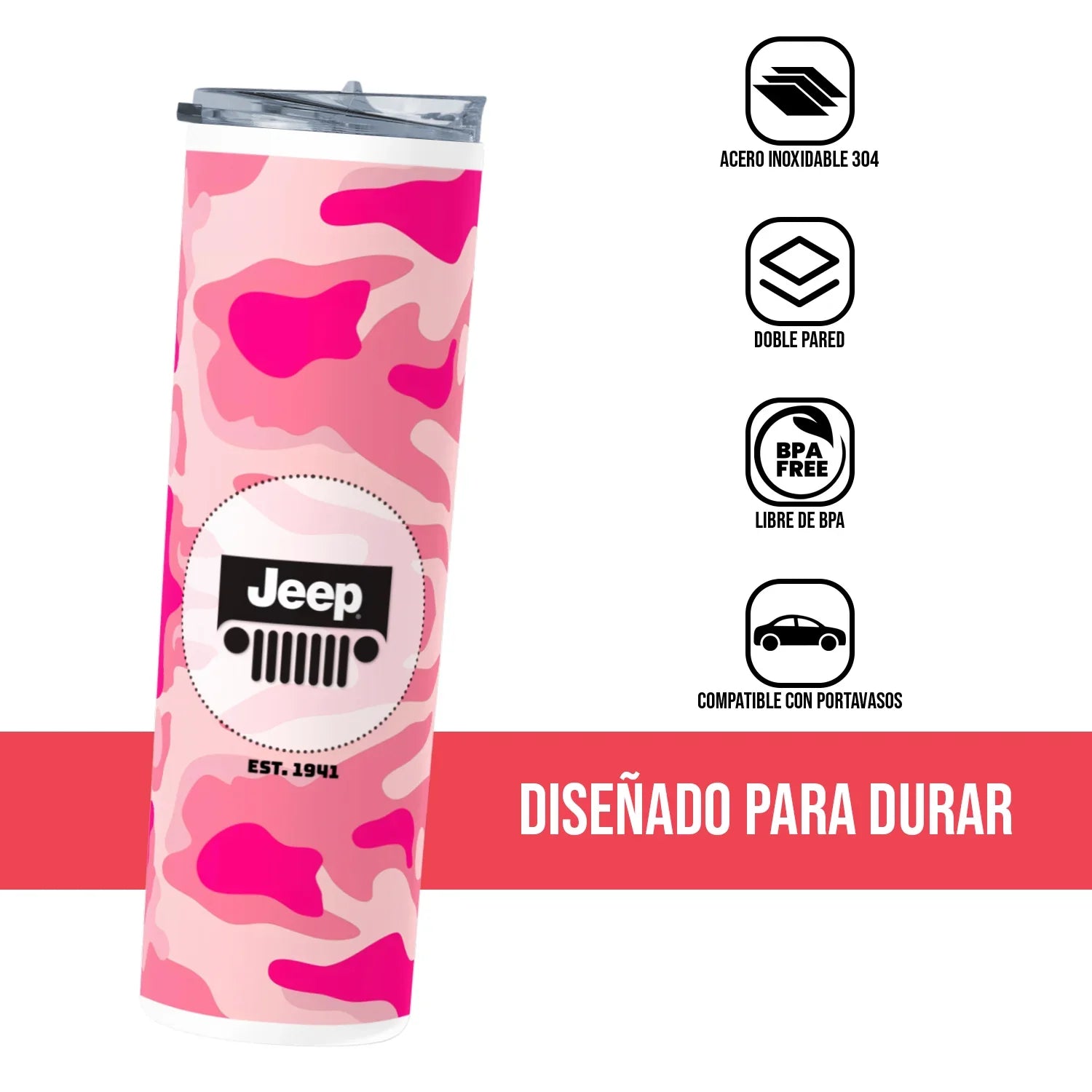 Termo Skinny Tumbler 20 oz de acero inoxidable - Jeep Pink Pattern