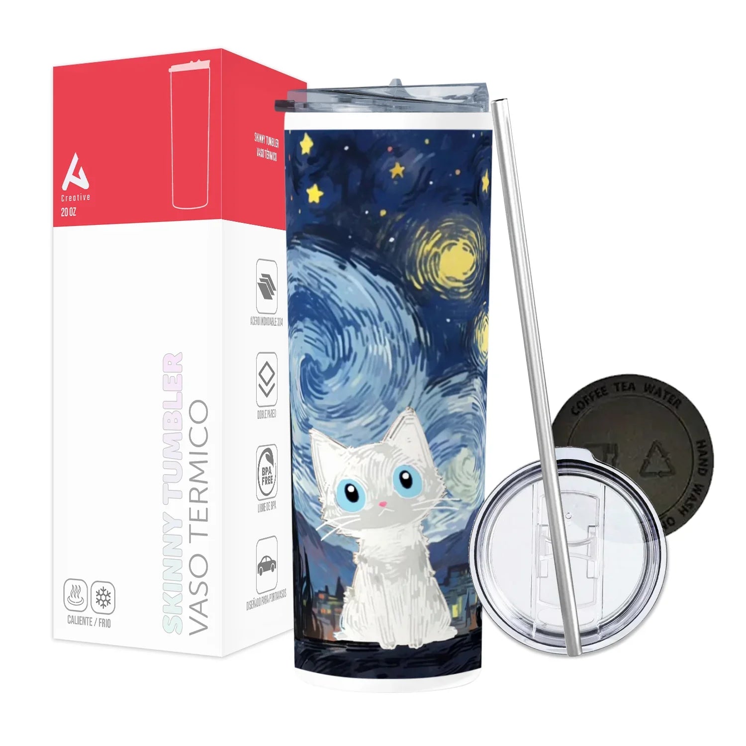 Termo Skinny Tumbler 20 oz de acero inoxidable - Gatito Estilo Van Gogh