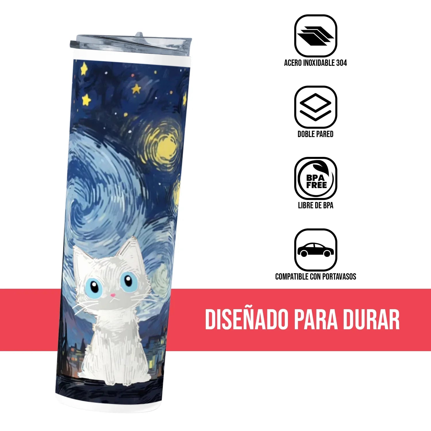 Termo Skinny Tumbler 20 oz de acero inoxidable - Gatito Estilo Van Gogh
