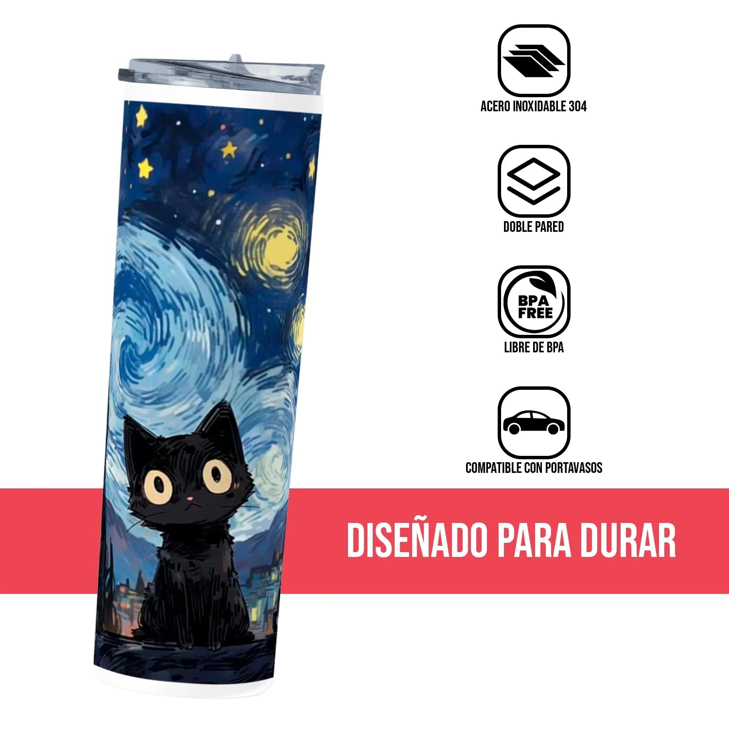 Termo Skinny Tumbler 20 oz de acero inoxidable - Gatito Estilo Van Gogh 02