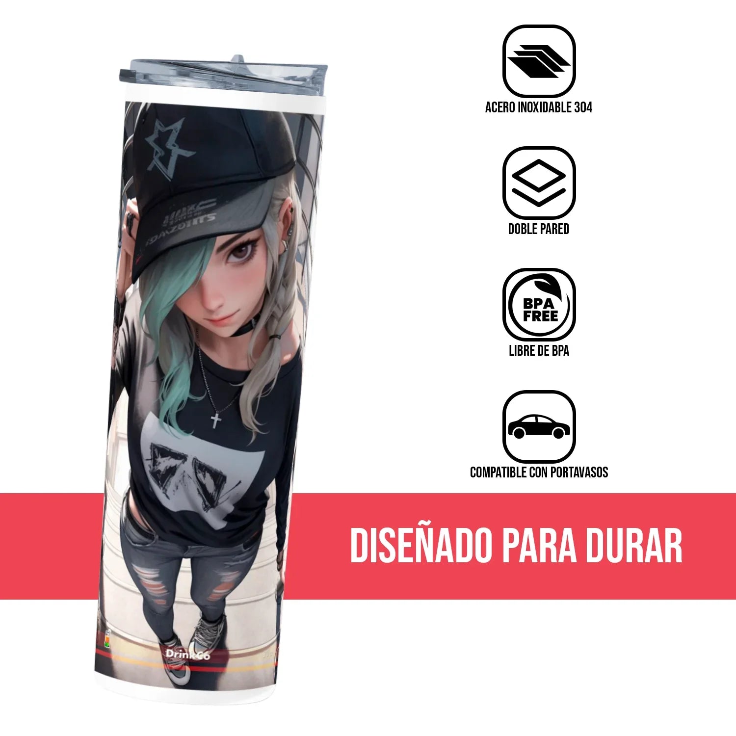 Termo Skinny Tumbler 20 oz de acero inoxidable - Chica Anime 10