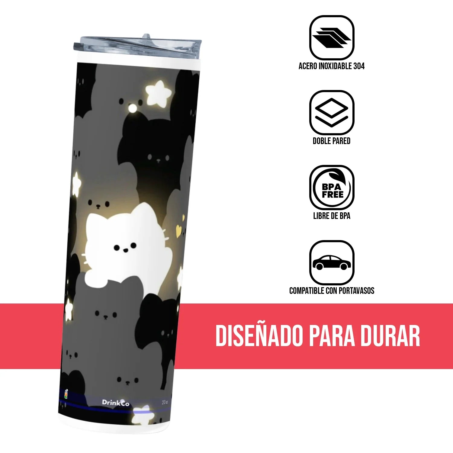 Termo Skinny Tumbler 20 oz de acero inoxidable - Gato Iluminado