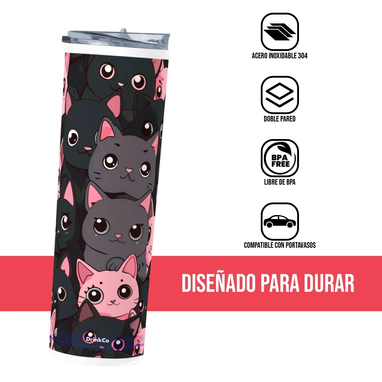 Termo Skinny Tumbler 20 oz de acero inoxidable - Gatitos Patron 01