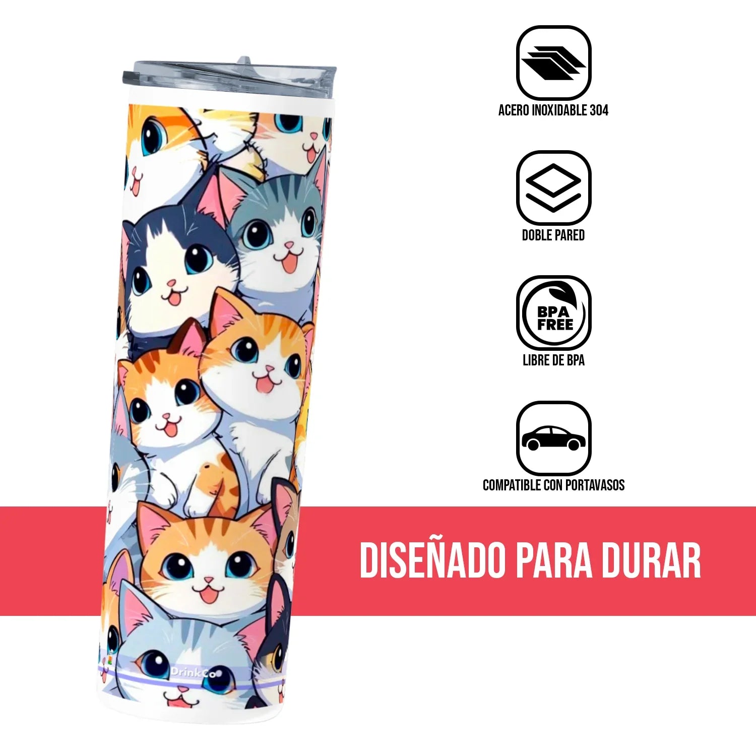 Termo Skinny Tumbler 20 oz de acero inoxidable - Gatitos Patron 02