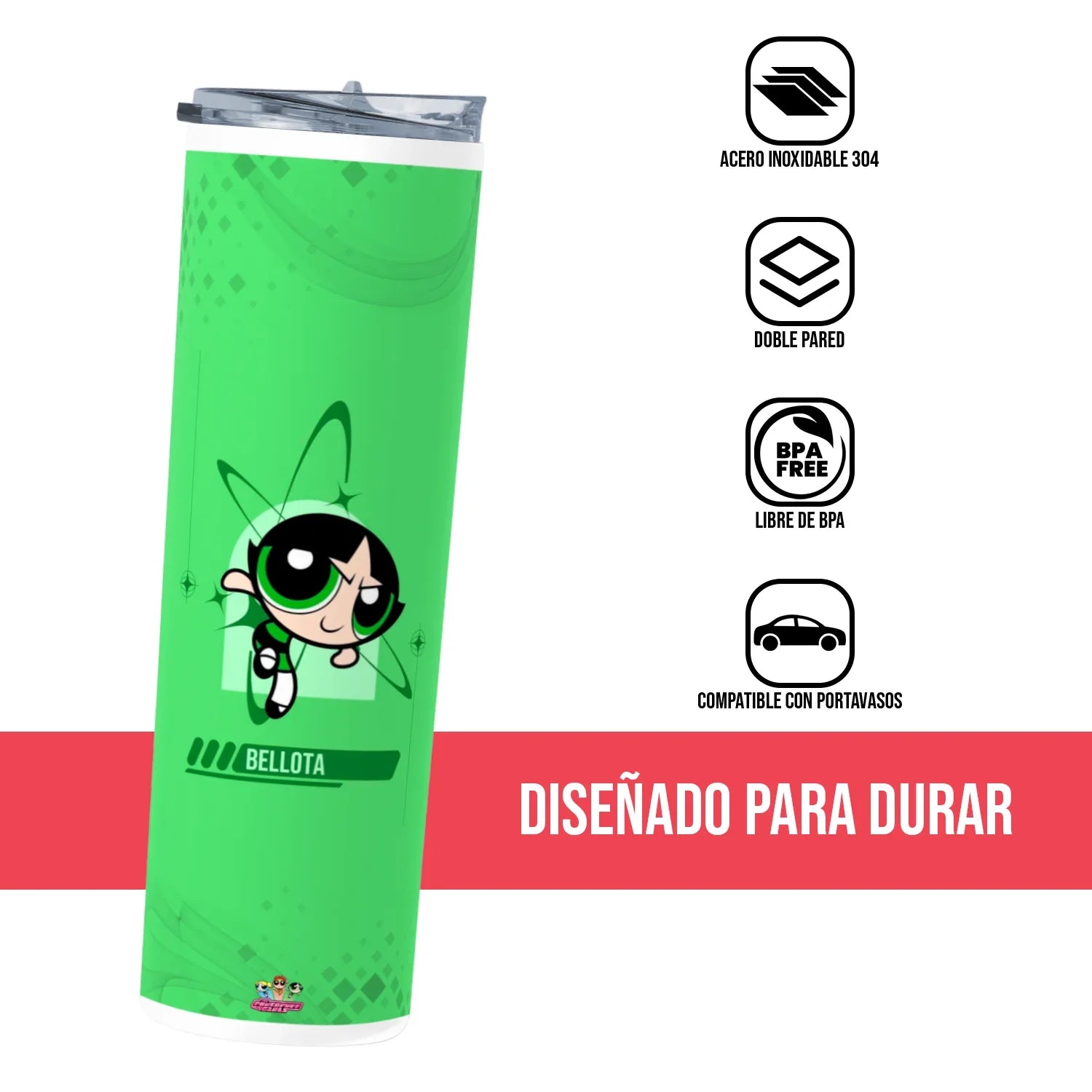 Termo Skinny Tumbler 20 oz de acero inoxidable - Chicas Superpoderosas Bellota