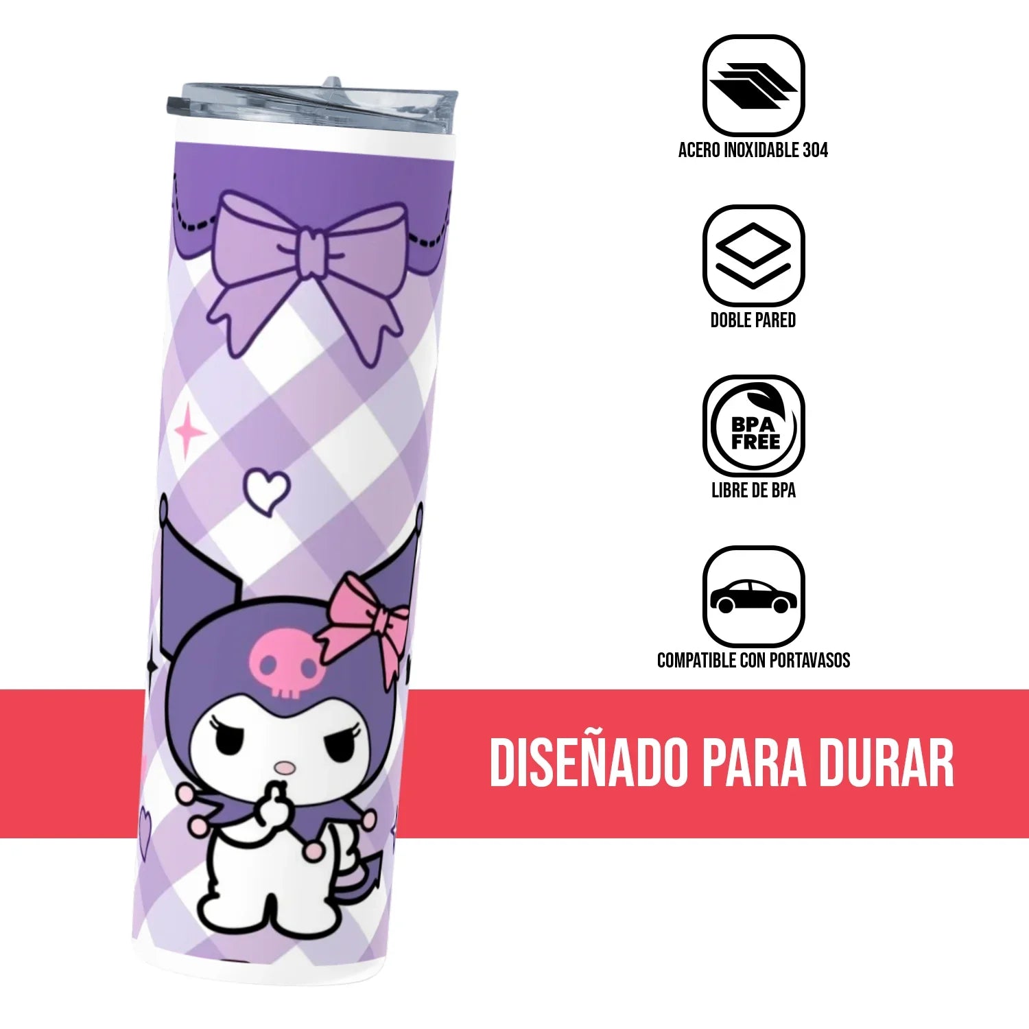 Termo Skinny Tumbler 20 oz de acero inoxidable - Kuromi