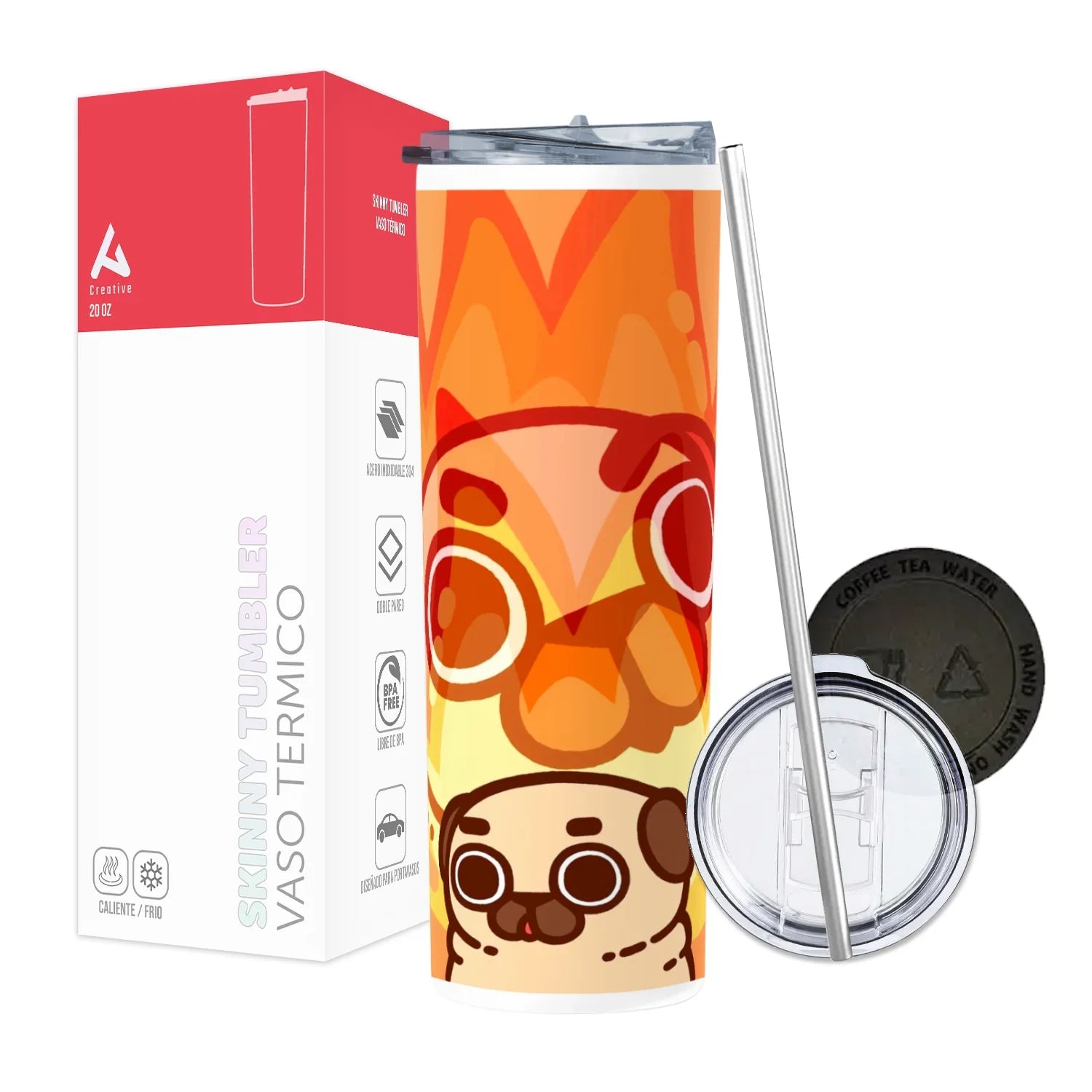 Termo Skinny Tumbler 20 oz de acero inoxidable - Pug en el fuego
