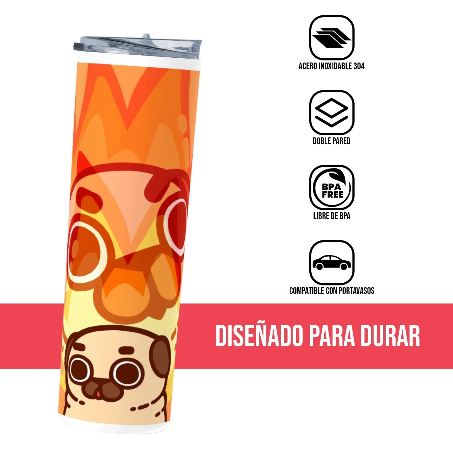 Termo Skinny Tumbler 20 oz de acero inoxidable - Pug en el fuego