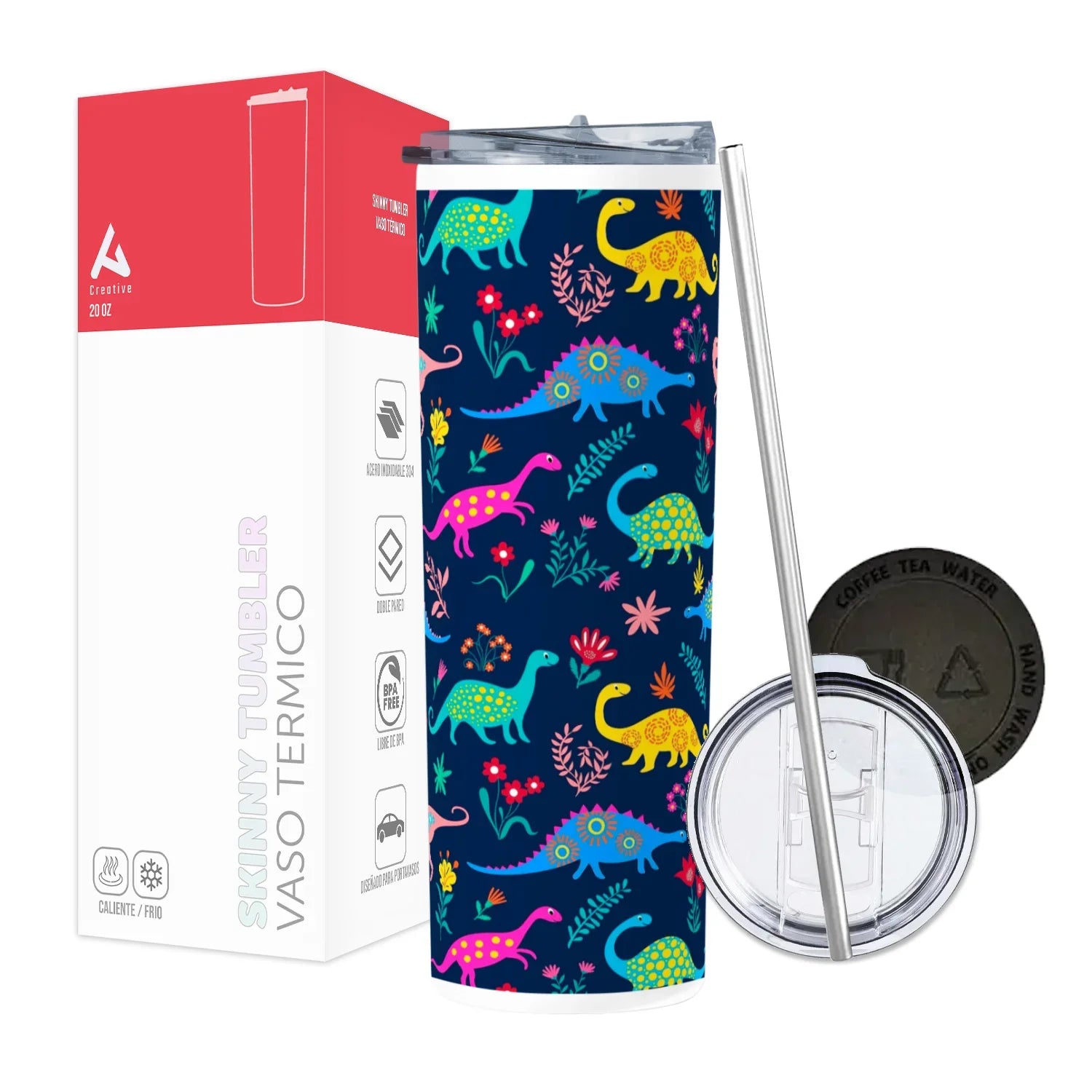 Termo Skinny Tumbler 20 oz de acero inoxidable - Dinosaurios Pattern