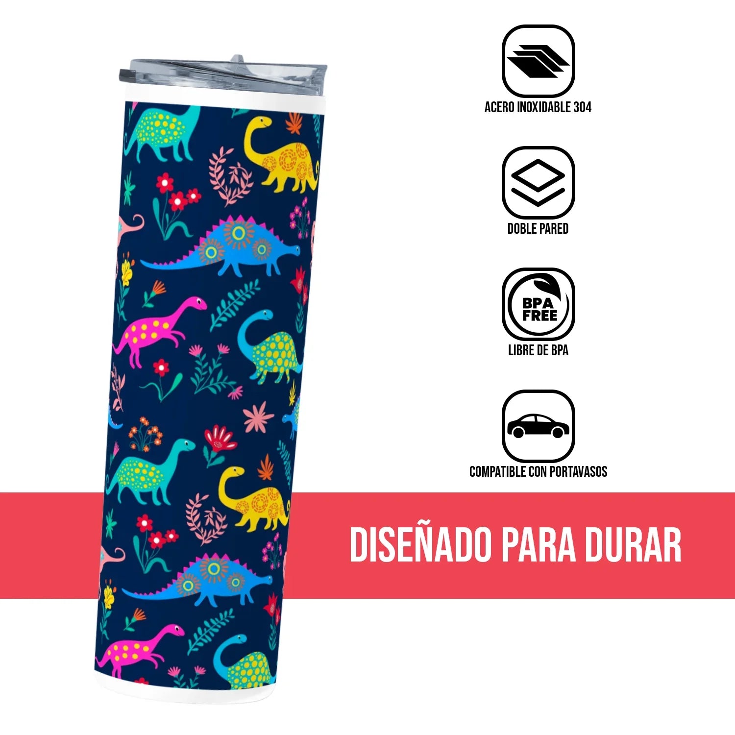 Termo Skinny Tumbler 20 oz de acero inoxidable - Dinosaurios Pattern