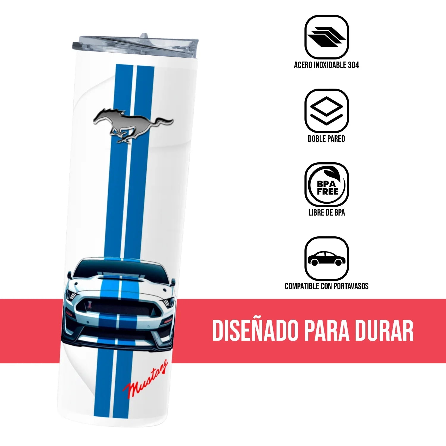 Termo Skinny Tumbler 20 oz de acero inoxidable - Mustang