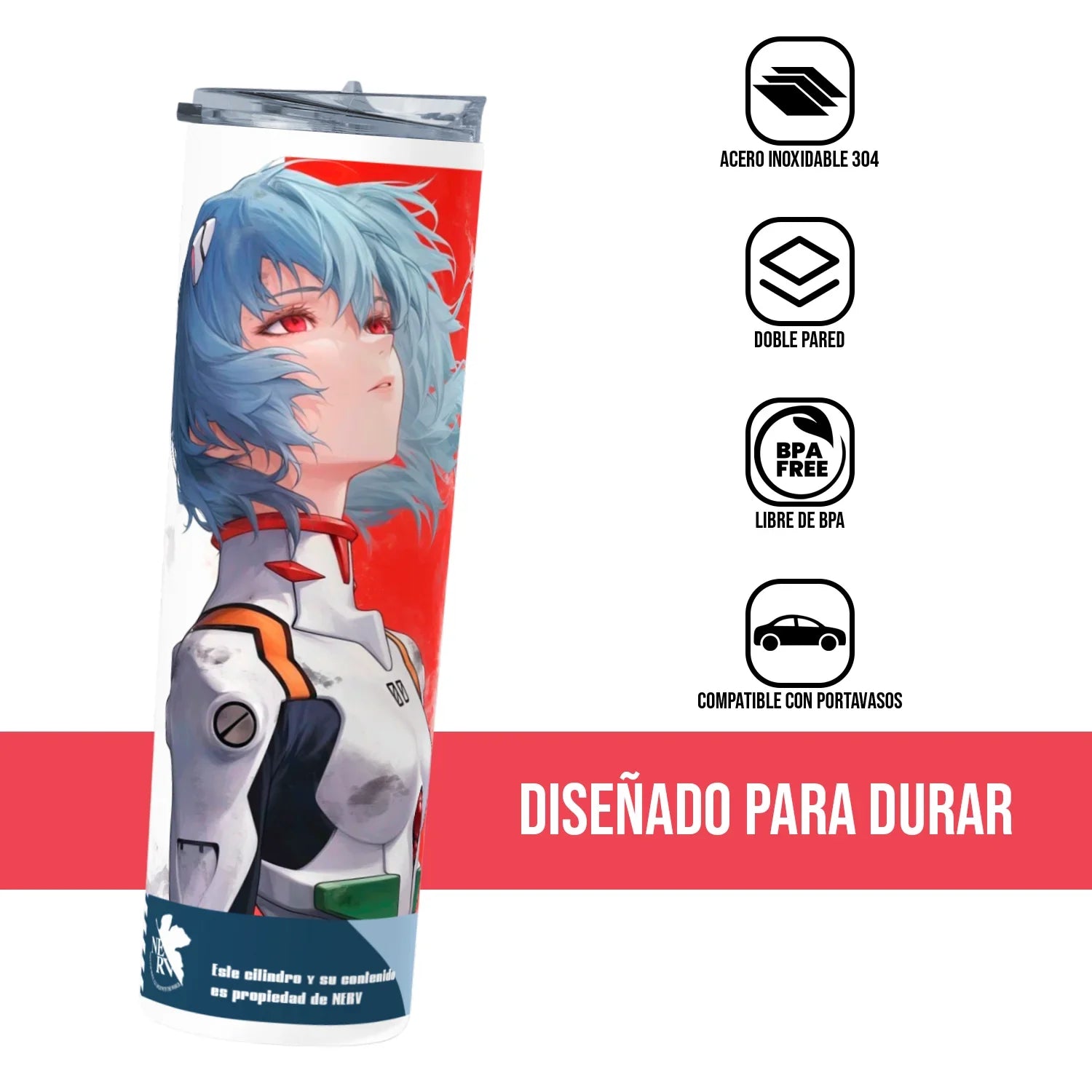 Termo Skinny Tumbler 20 oz de acero inoxidable - Evangelion Rei