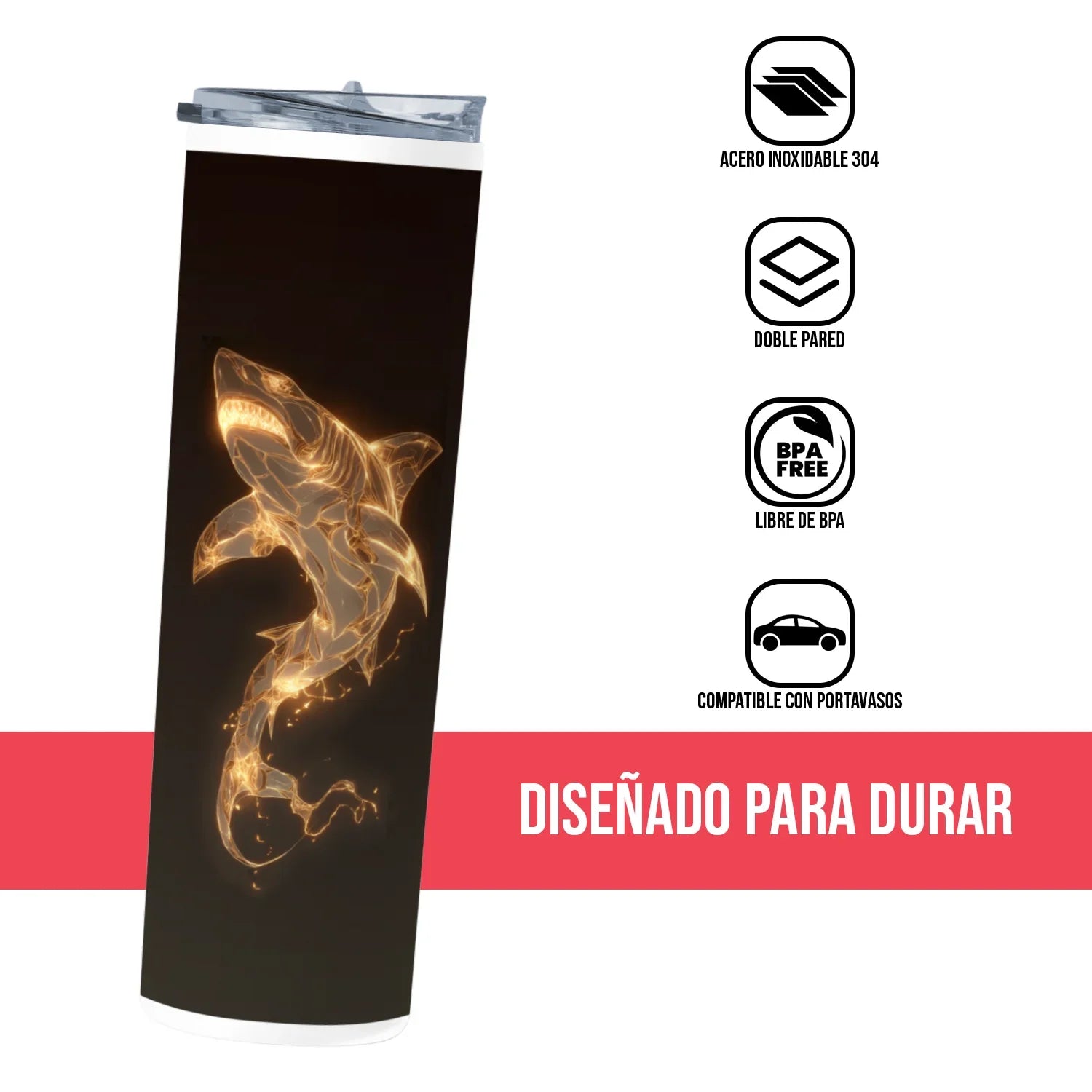 Termo Skinny Tumbler 20 oz de acero inoxidable - Tiburon Dorado