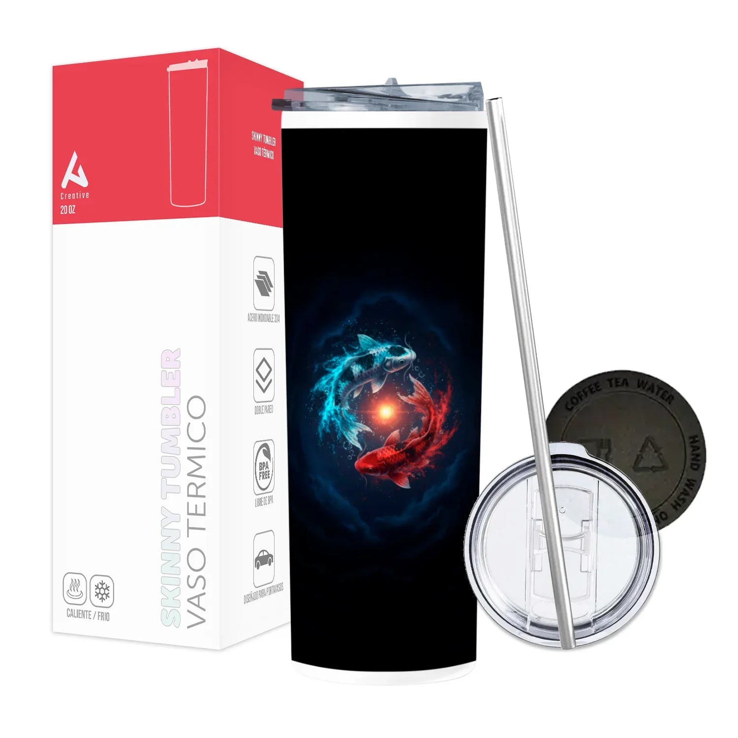 Termo Skinny Tumbler 20 oz de acero inoxidable - Peces Ying Yang