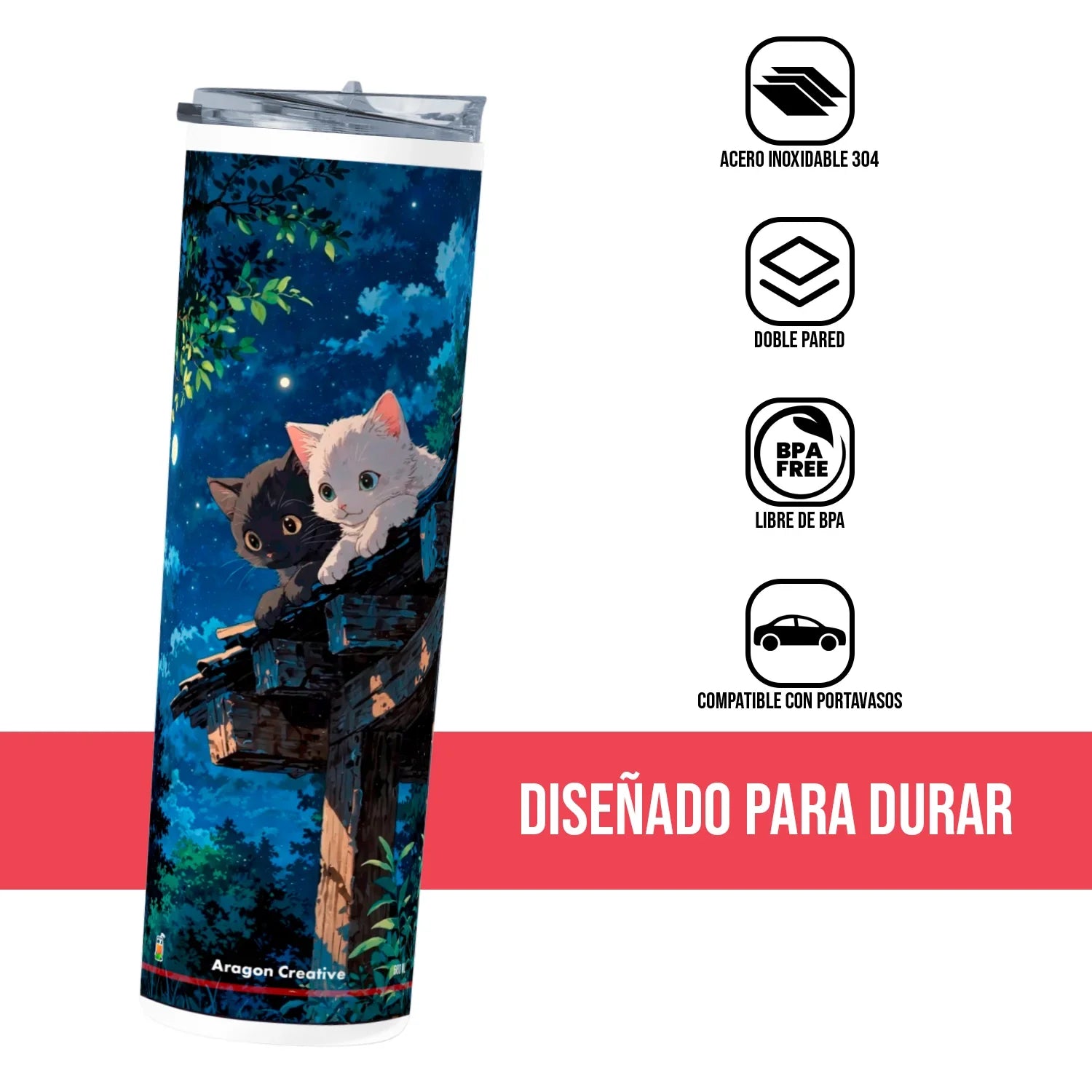 Termo Skinny Tumbler 20 oz de acero inoxidable - Gatitos Pareja