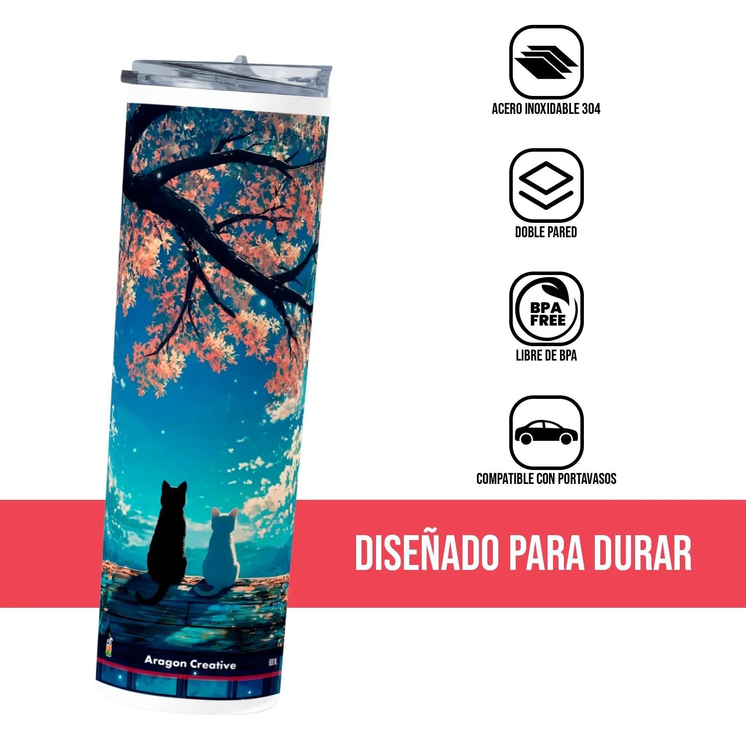 Termo Skinny Tumbler 20 oz de acero inoxidable - Gatitos Pareja 2