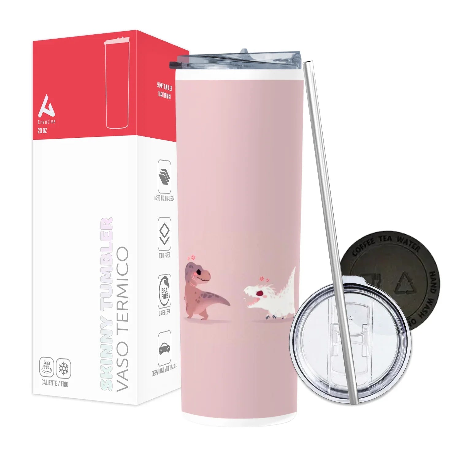 Termo Skinny Tumbler 20 oz de acero inoxidable - Dinosaurios Bonitos Y Malos